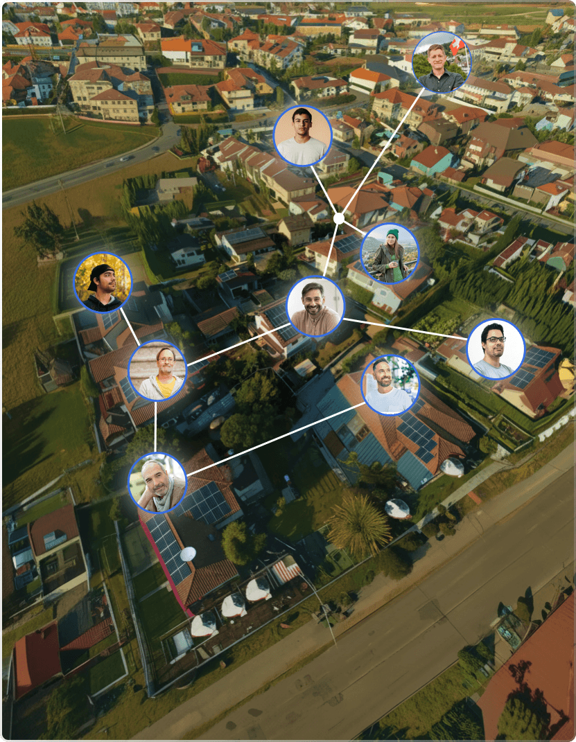 Nachbarschaft mit Solaranlagen auf Dächern — lokaler Solarstrom-Verkauf